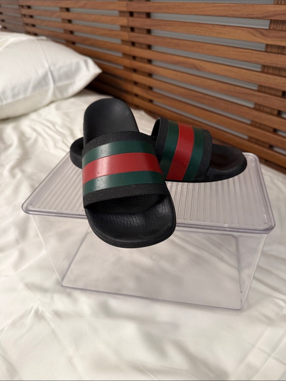 Gucci Black Slide Sandals with Green and Red Striped Strap
